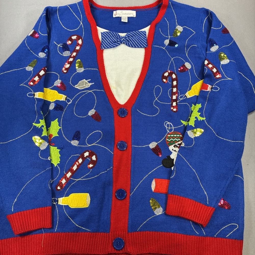 Jolly Sweaters XXL Ugly Christmas Sweater Cardigan With Bow Tie & Sequin Design